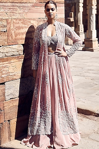 Pink Crepe Dori & Sequins Embroidered Jacket Lehenga Set by Matsya