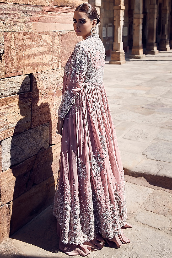 Pink Crepe Dori & Sequins Embroidered Jacket Lehenga Set by Matsya at Pernia's Pop Up Shop