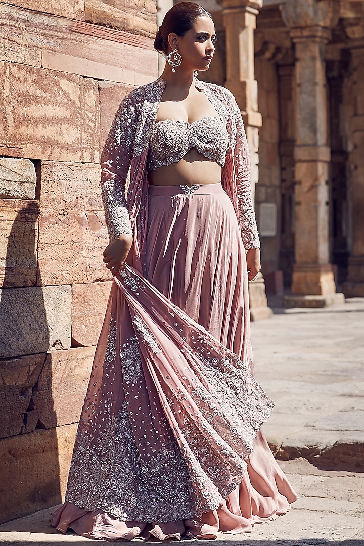Pink Crepe Dori & Sequins Embroidered Jacket Lehenga Set by Matsya at Pernia's Pop Up Shop