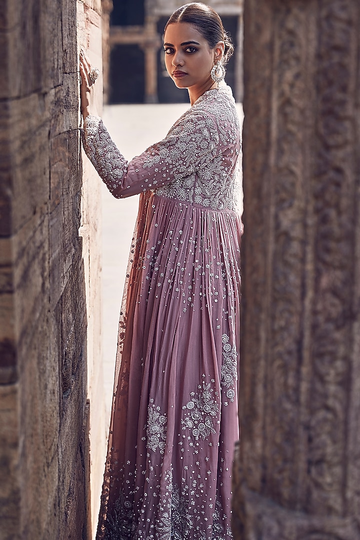 Pink Crepe Dori & Sequins Embroidered Jacket Lehenga Set by Matsya at Pernia's Pop Up Shop