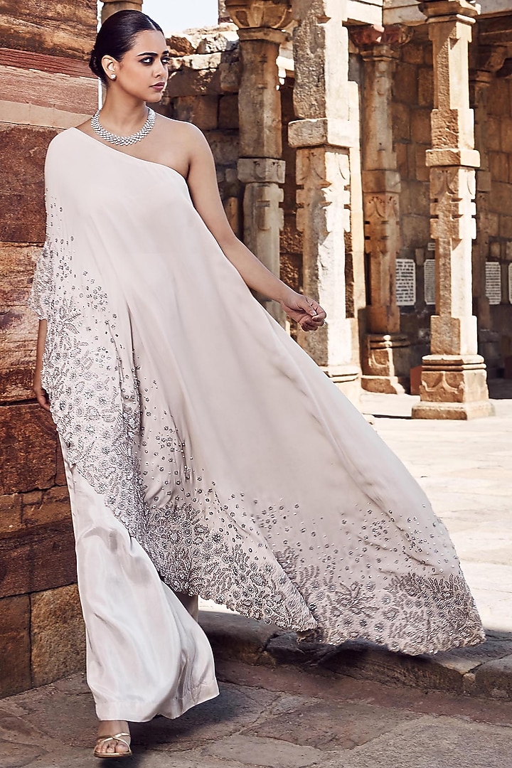 Ivory Crepe & Georgette Dori Hand Embroidered Asymmetrical Kurta Set by Matsya at Pernia's Pop Up Shop