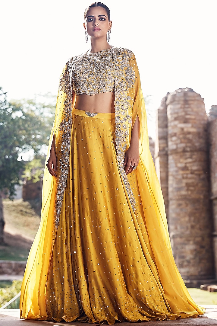 Mustard Organza Dori & Sequins Embroidered Winged Cape Set by Matsya at Pernia's Pop Up Shop