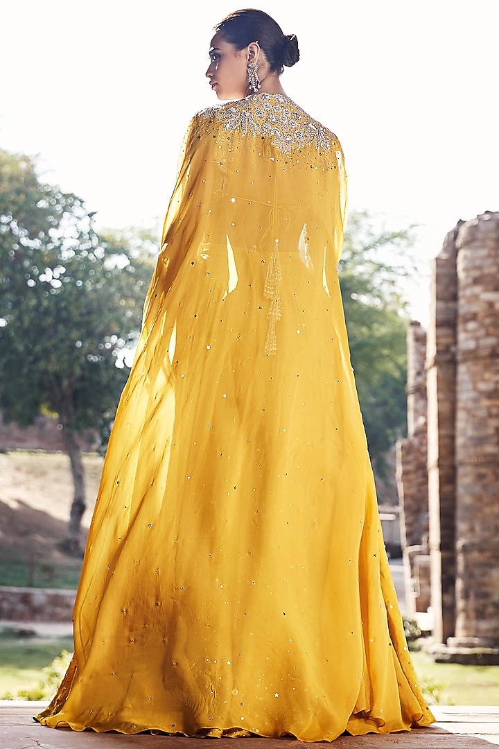 Mustard Organza Dori & Sequins Embroidered Winged Cape Set by Matsya at Pernia's Pop Up Shop