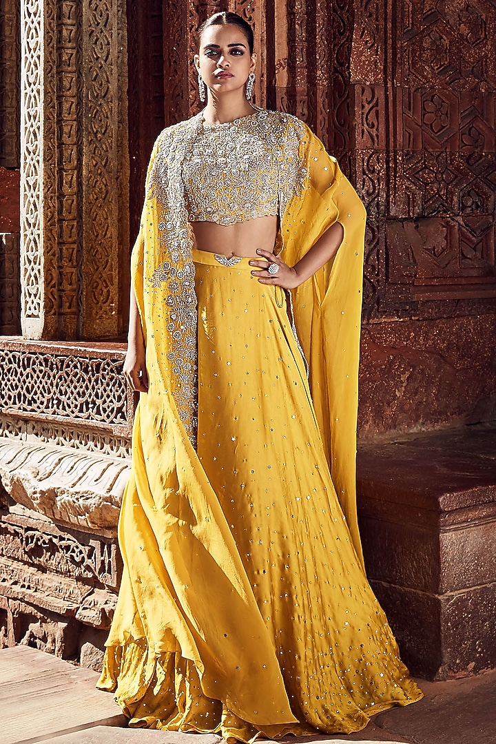 Mustard Organza Dori & Sequins Embroidered Winged Cape Set by Matsya at Pernia's Pop Up Shop
