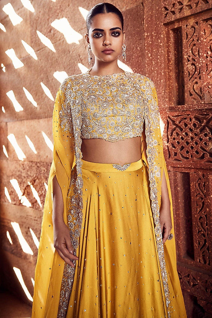 Mustard Organza Dori & Sequins Embroidered Winged Cape Set by Matsya at Pernia's Pop Up Shop