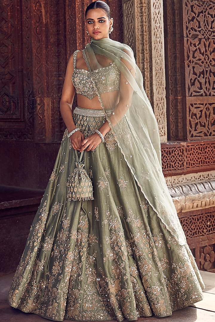 Pista Green Chanderi Paisley Applique Embroidered Bridal Lehenga Set by Matsya at Pernia's Pop Up Shop