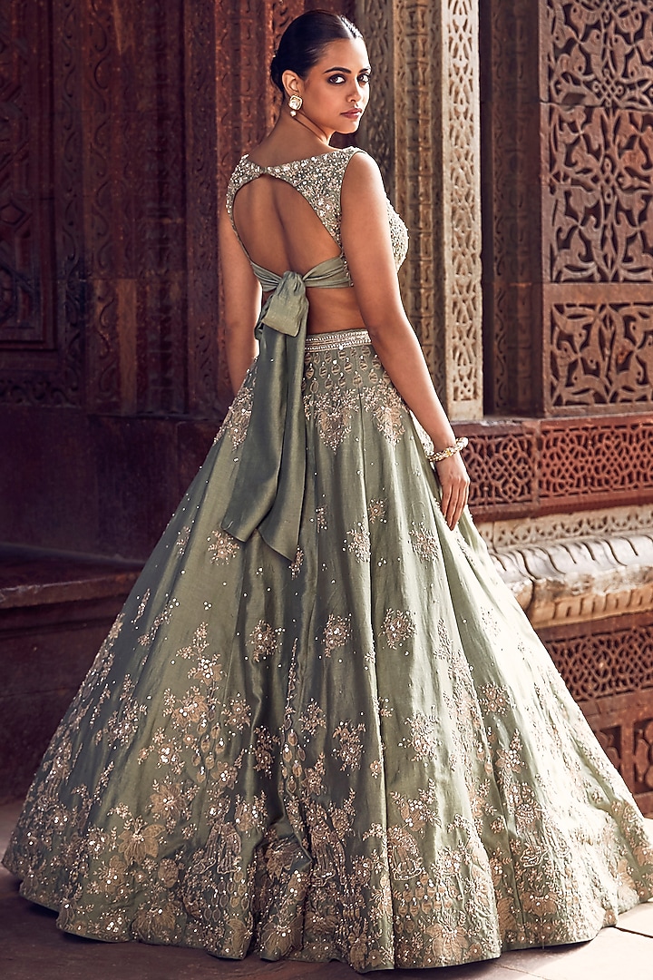Pista Green Chanderi Paisley Applique Embroidered Bridal Lehenga Set by Matsya at Pernia's Pop Up Shop