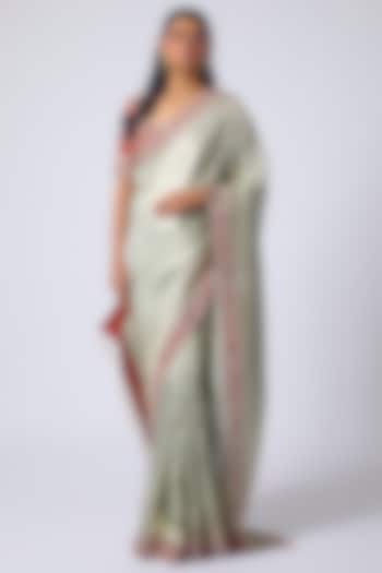 Silver Banarasi Silk Zardosi Embroidered Reception Saree Set by Matsya at Pernia's Pop Up Shop