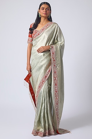 Silver Banarasi Silk Zardosi Embroidered Saree Set by Matsya