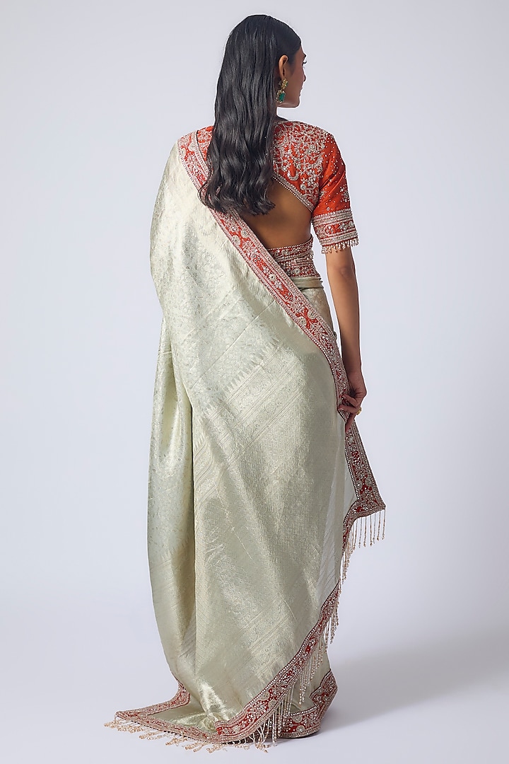 Silver Banarasi Silk Zardosi Embroidered Reception Saree Set by Matsya at Pernia's Pop Up Shop
