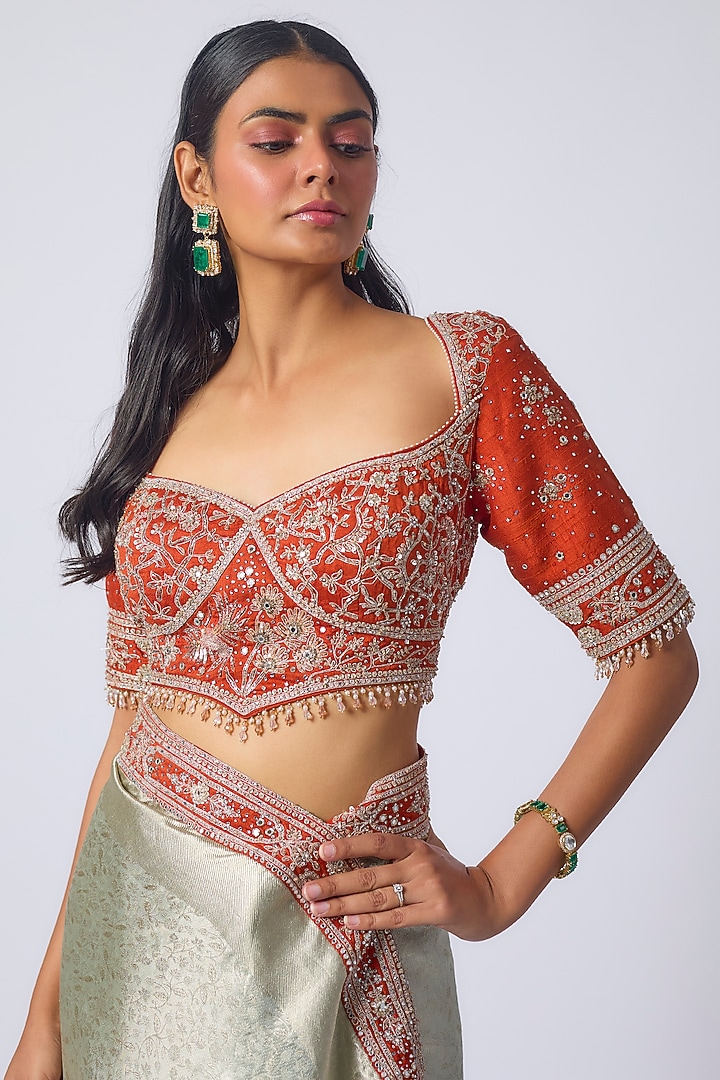 Silver Banarasi Silk Zardosi Embroidered Reception Saree Set by Matsya at Pernia's Pop Up Shop