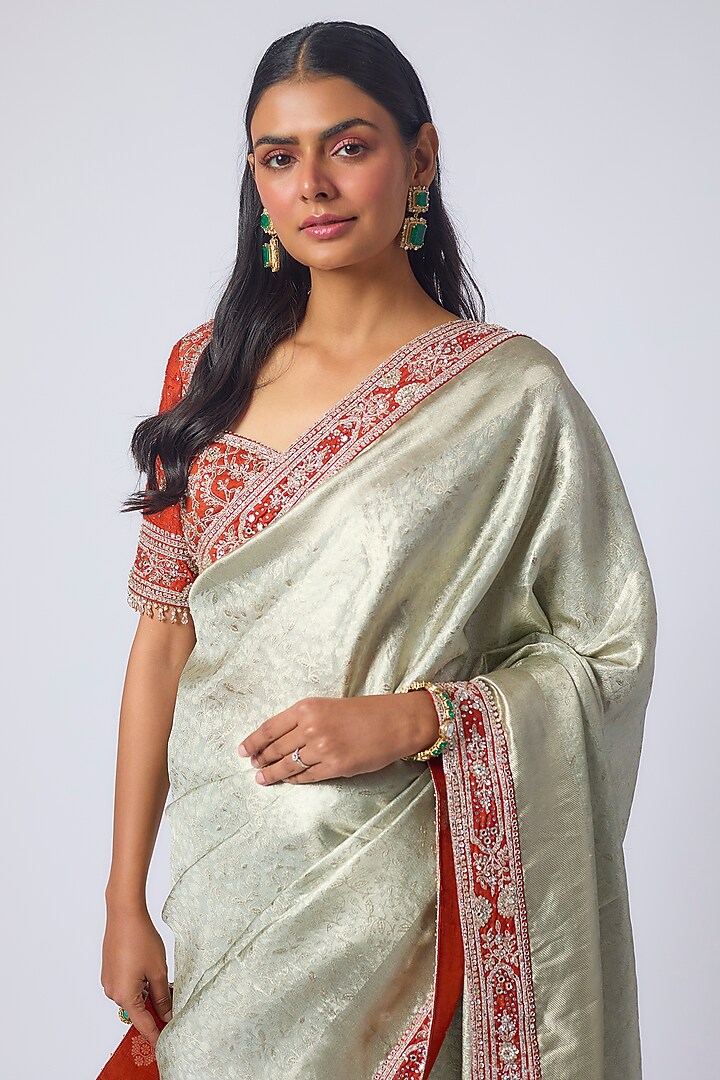 Silver Banarasi Silk Zardosi Embroidered Reception Saree Set by Matsya at Pernia's Pop Up Shop