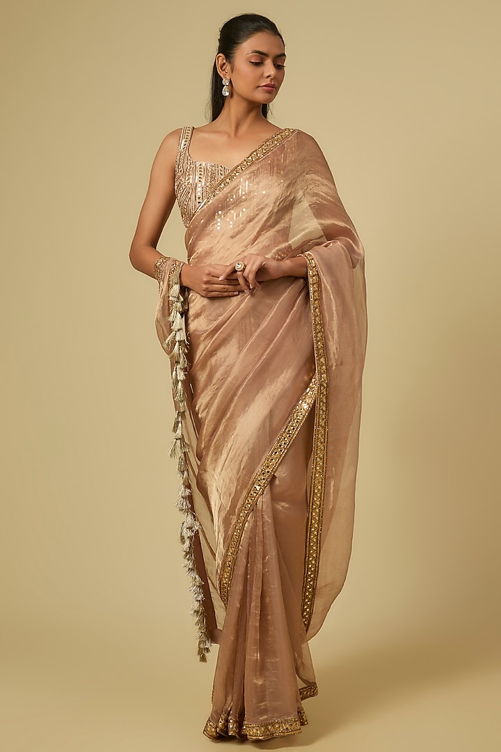 Beige Tissue Zari & Sequins Embroidered Reception Saree Set by Matsya at Pernia's Pop Up Shop