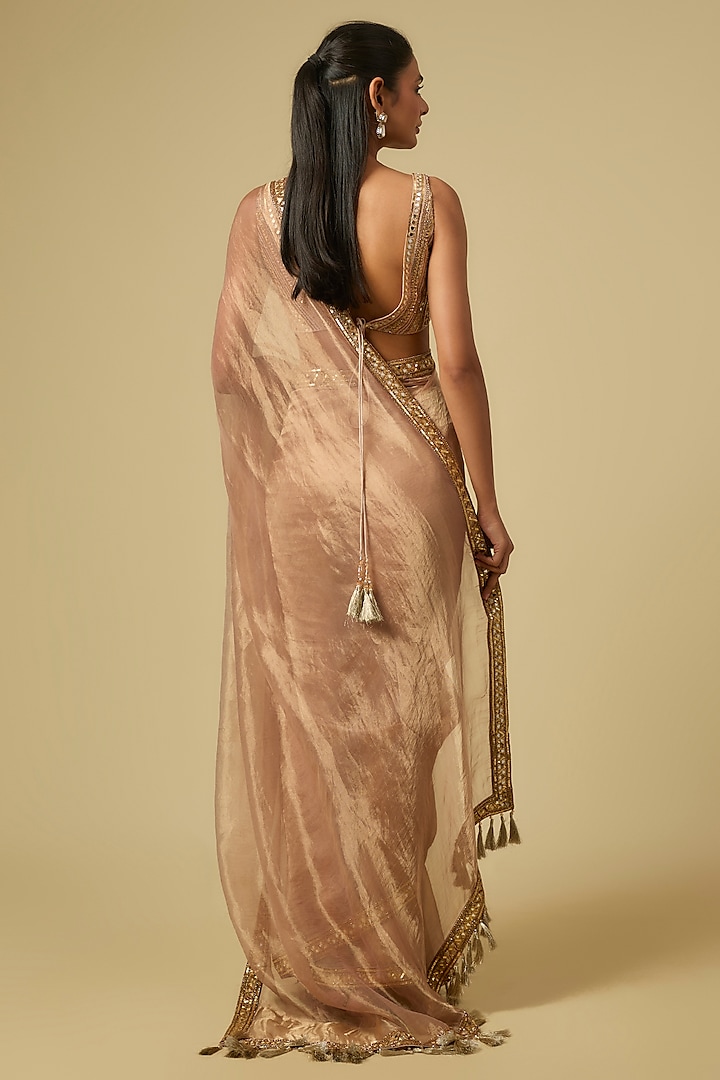 Beige Tissue Zari & Sequins Embroidered Reception Saree Set by Matsya at Pernia's Pop Up Shop