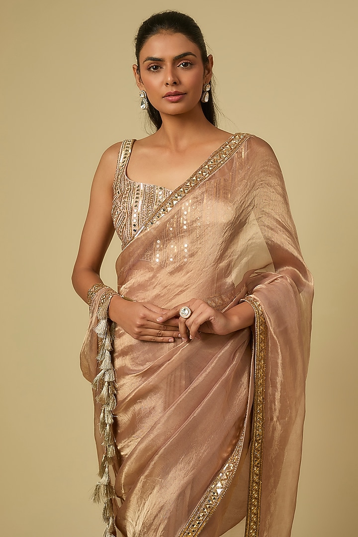 Beige Tissue Zari & Sequins Embroidered Reception Saree Set by Matsya at Pernia's Pop Up Shop