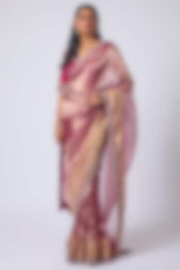 Rani Pink Tissue Zardosi Hand Embroidered Wedding Saree Set by Matsya at Pernia's Pop Up Shop