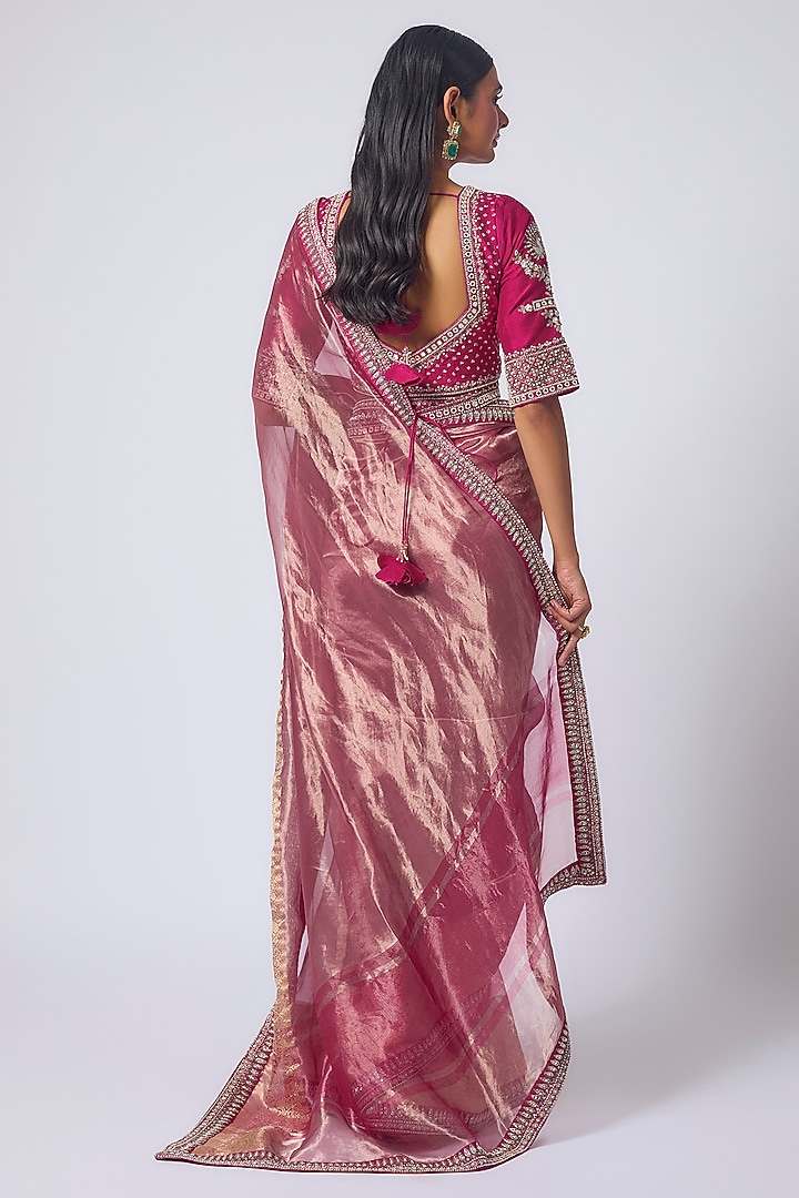Rani Pink Tissue Zardosi Hand Embroidered Wedding Saree Set by Matsya at Pernia's Pop Up Shop