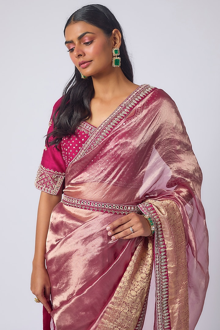 Rani Pink Tissue Zardosi Hand Embroidered Wedding Saree Set by Matsya at Pernia's Pop Up Shop