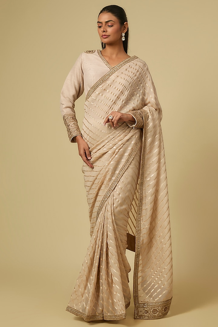 Ivory Tissue Dori Hand Embroidered Wedding Saree Set by Matsya at Pernia's Pop Up Shop