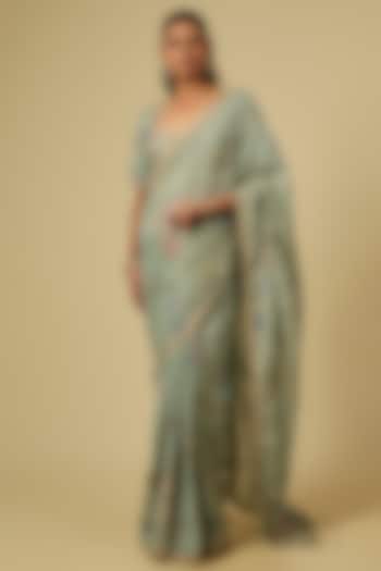 Pista Green Raw Silk Dori Embroidered Reception Saree Set by Matsya at Pernia's Pop Up Shop