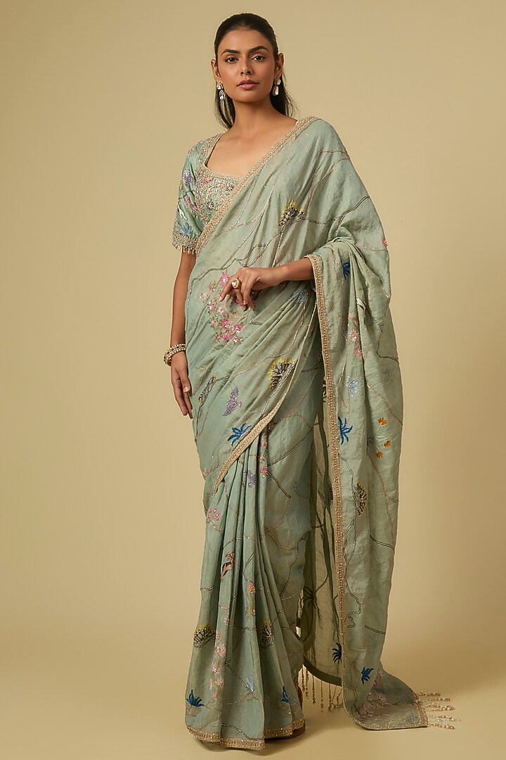 Pista Green Raw Silk Dori Embroidered Reception Saree Set by Matsya at Pernia's Pop Up Shop
