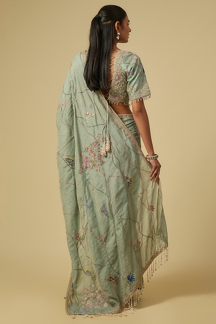 Pista Green Raw Silk Dori Embroidered Reception Saree Set by Matsya at Pernia's Pop Up Shop