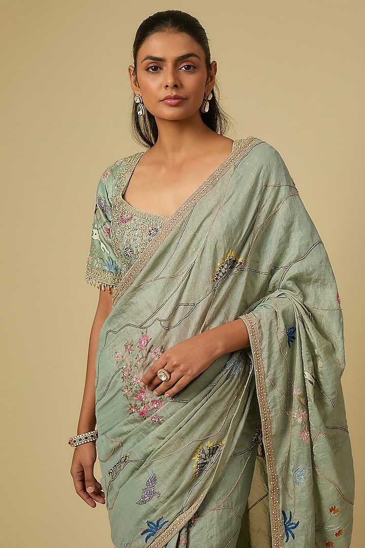 Pista Green Raw Silk Dori Embroidered Reception Saree Set by Matsya at Pernia's Pop Up Shop