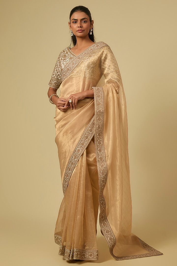 Gold Tissue Dori Hand Embroidered Wedding Saree Set by Matsya at Pernia's Pop Up Shop