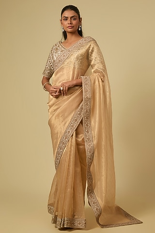 Gold Tissue Dori Hand Embroidered Saree Set by Matsya