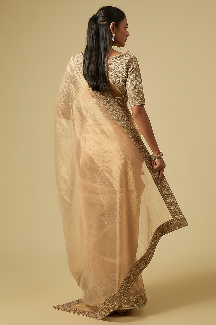 Gold Tissue Dori Hand Embroidered Reception Saree Set by Matsya at Pernia's Pop Up Shop