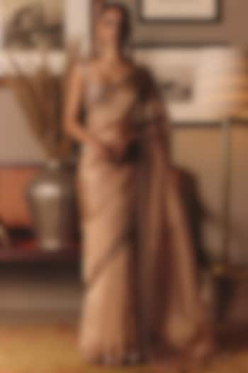 Peach Tissue Zari Hand Embroidered Reception Saree Set by Matsya at Pernia's Pop Up Shop