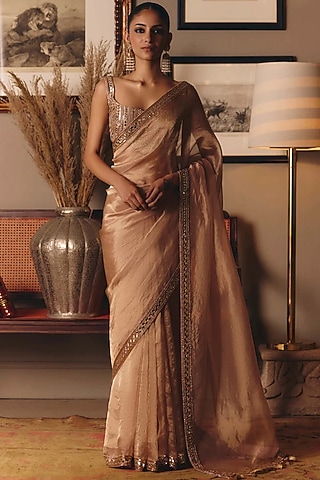 Peach Tissue Zari Hand Embroidered Saree Set by Matsya
