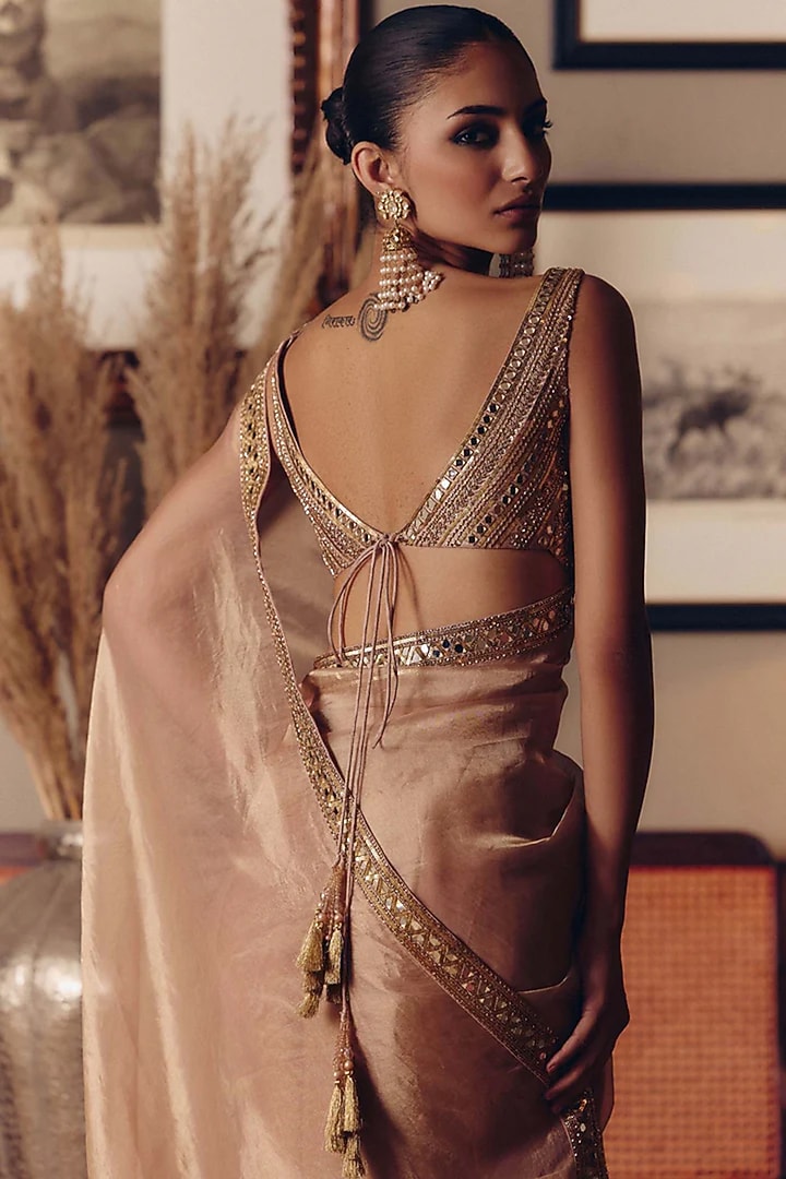 Peach Tissue Zari Hand Embroidered Bridal Saree Set by Matsya at Pernia's Pop Up Shop