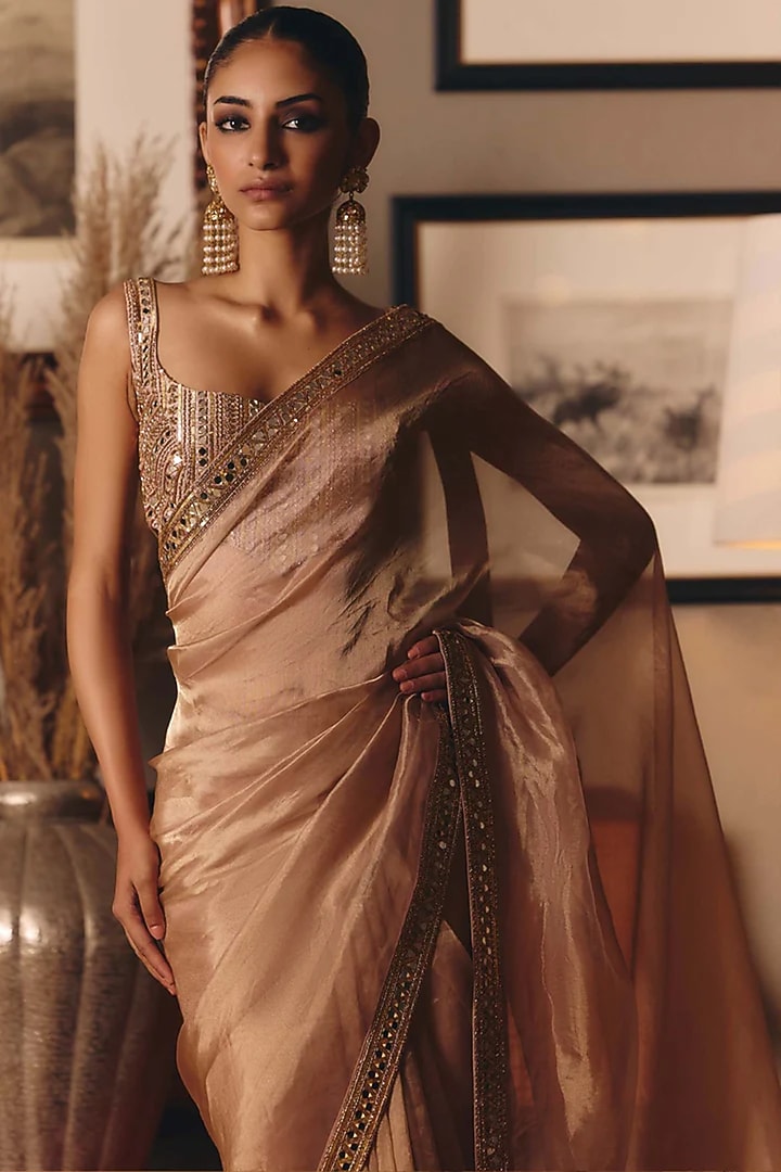 Peach Tissue Zari Hand Embroidered Bridal Saree Set by Matsya at Pernia's Pop Up Shop