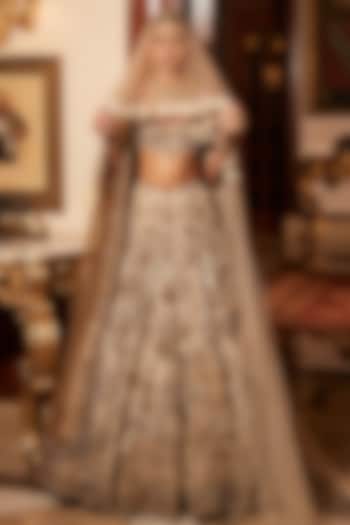 Snow Ivory Silk Velvet Zardosi Hand Work Bridal Lehenga Set by Matsya at Pernia's Pop Up Shop