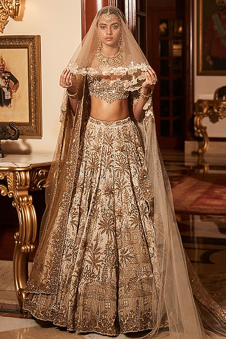 Snow Ivory Silk Velvet Zardosi Hand Work Bridal Lehenga Set by Matsya at Pernia's Pop Up Shop