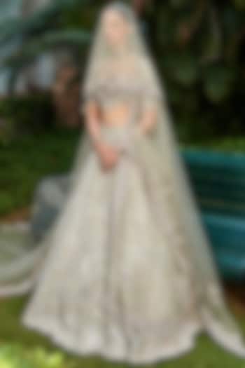 Jade Green Silk Tissue Zardosi Embroidered Bridal Lehenga Set by Matsya at Pernia's Pop Up Shop