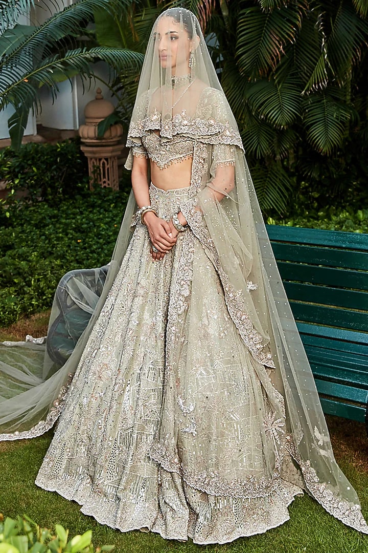 Jade Green Silk Tissue Zardosi Embroidered Bridal Lehenga Set by Matsya at Pernia's Pop Up Shop