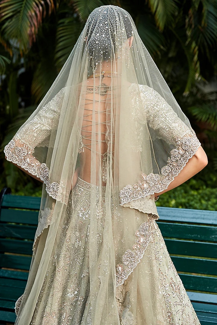 Jade Green Silk Tissue Zardosi Embroidered Bridal Lehenga Set by Matsya at Pernia's Pop Up Shop