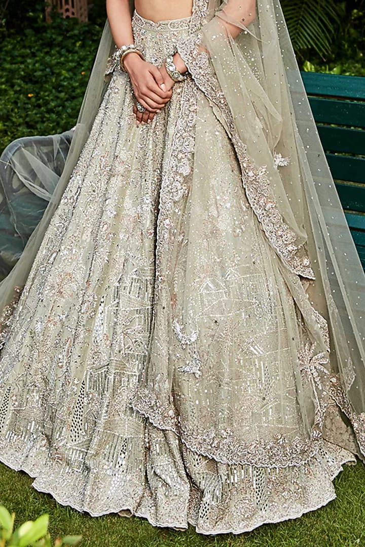 Jade Green Silk Tissue Zardosi Embroidered Bridal Lehenga Set by Matsya at Pernia's Pop Up Shop