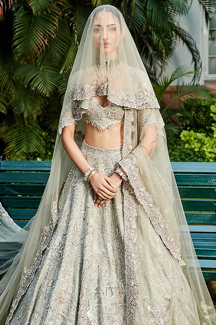 Jade Green Silk Tissue Zardosi Embroidered Bridal Lehenga Set by Matsya at Pernia's Pop Up Shop