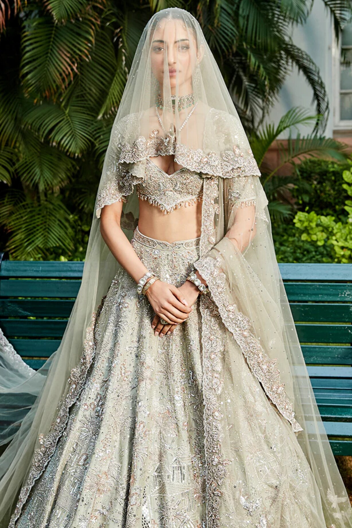 Pernia's Pop Up Shop - Matsya Women Jade Green Silk Tissue Zardosi Embroidered Lehenga Set