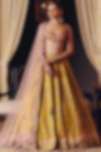 Yellow Silk Aari Embroidered Bridal Lehenga Set by Matsya at Pernia's Pop Up Shop