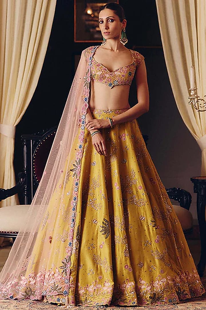 Yellow Silk Aari Embroidered Bridal Lehenga Set by Matsya at Pernia's Pop Up Shop