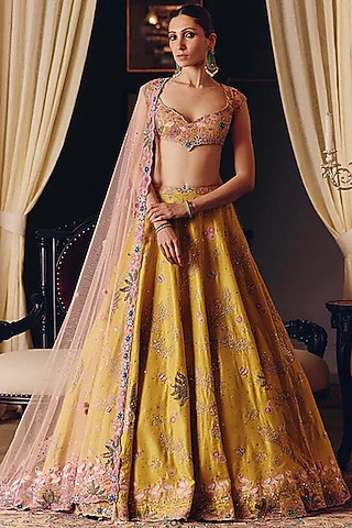 Yellow Silk Aari Embroidered Lehenga Set by Matsya