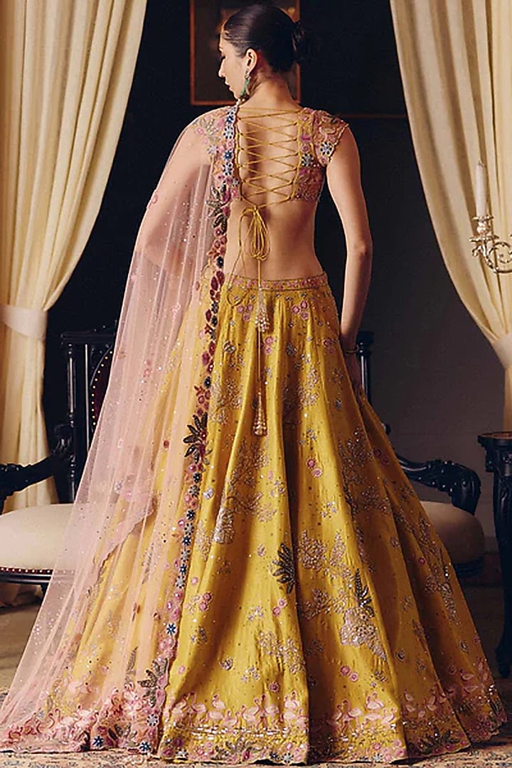 Yellow Silk Aari Embroidered Wedding Lehenga Set by Matsya at Pernia's Pop Up Shop