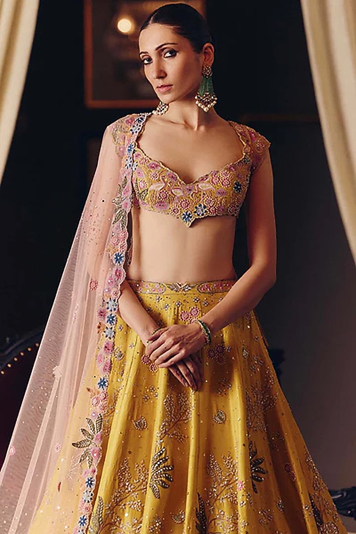 Yellow Silk Aari Embroidered Wedding Lehenga Set by Matsya at Pernia's Pop Up Shop