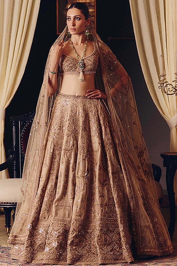 Antique Gold Velvet Hand Embroidered Bridal Lehenga Set by Matsya at Pernia's Pop Up Shop