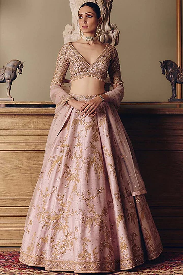 Blush Pink Raw Silk Hand Embroidered Bridal Lehenga Set by Matsya at Pernia's Pop Up Shop