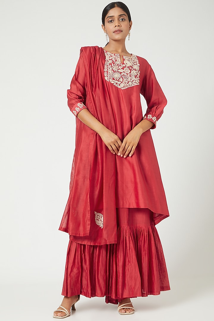 Red Chanderi Silk Sharara Set by Matsya